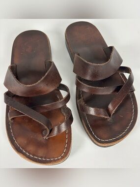 Jerusalem Sandals Dark Brown Leather Strappy Slip On Sandals